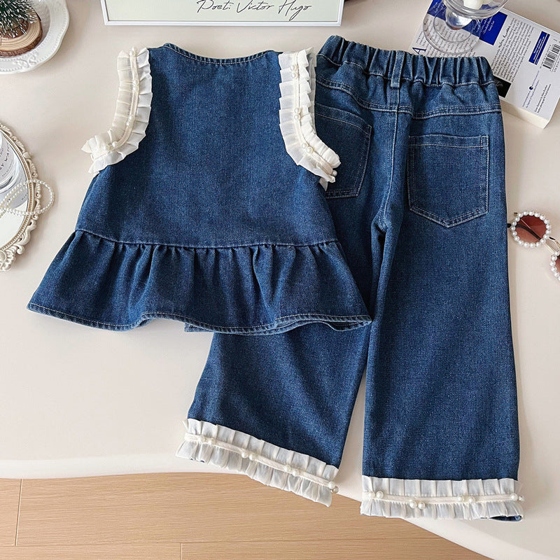 Conjunto Infantil Feminino Jeans e Pérolas