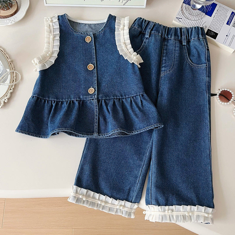 Conjunto Infantil Feminino Jeans e Pérolas