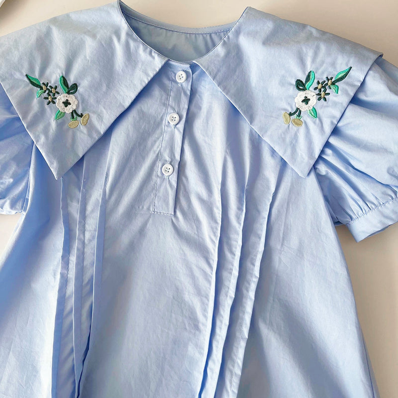 Vestido Infantil Azul Gola Florzinhas