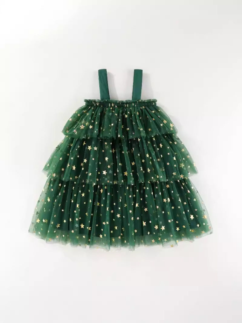 Vestido Infantil Verde Estrelinhas