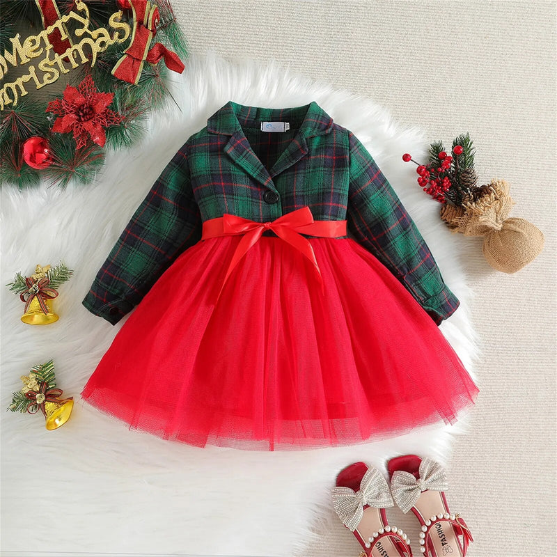 Vestido Infantil Natal Xadrez e Tule