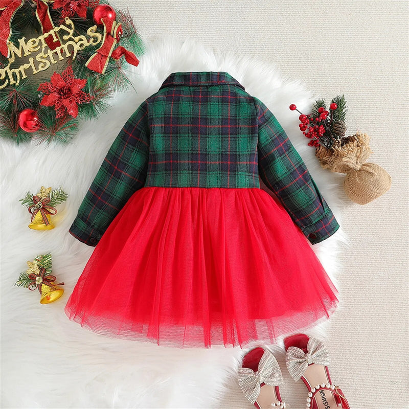 Vestido Infantil Natal Xadrez e Tule