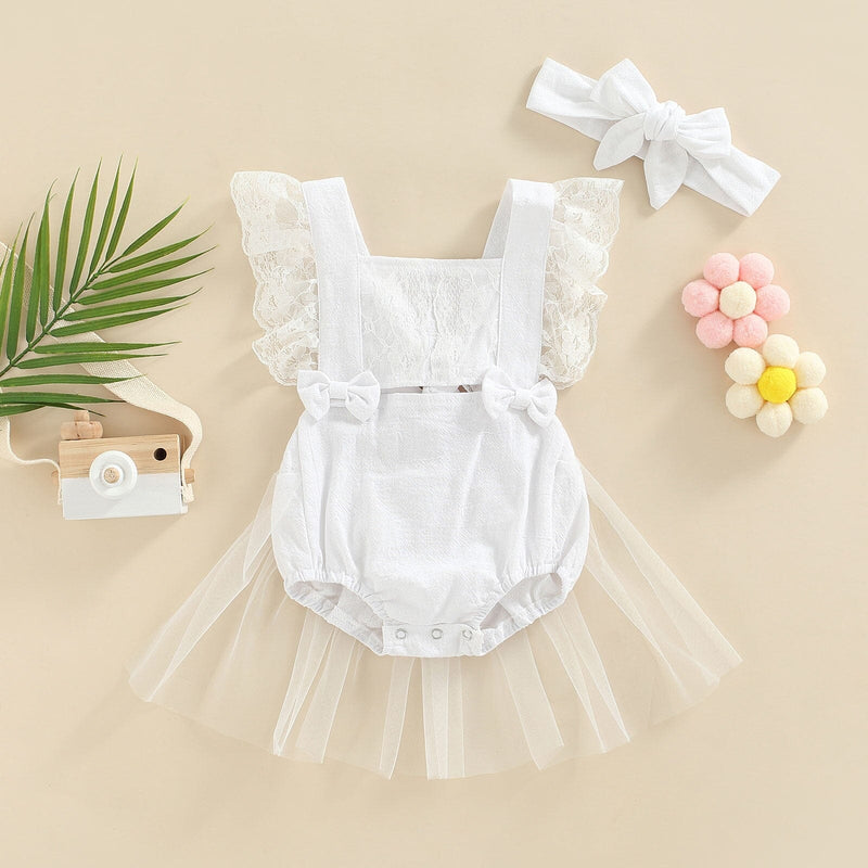 Body Infantil Feminino Branco Renda e Tule + Faixa