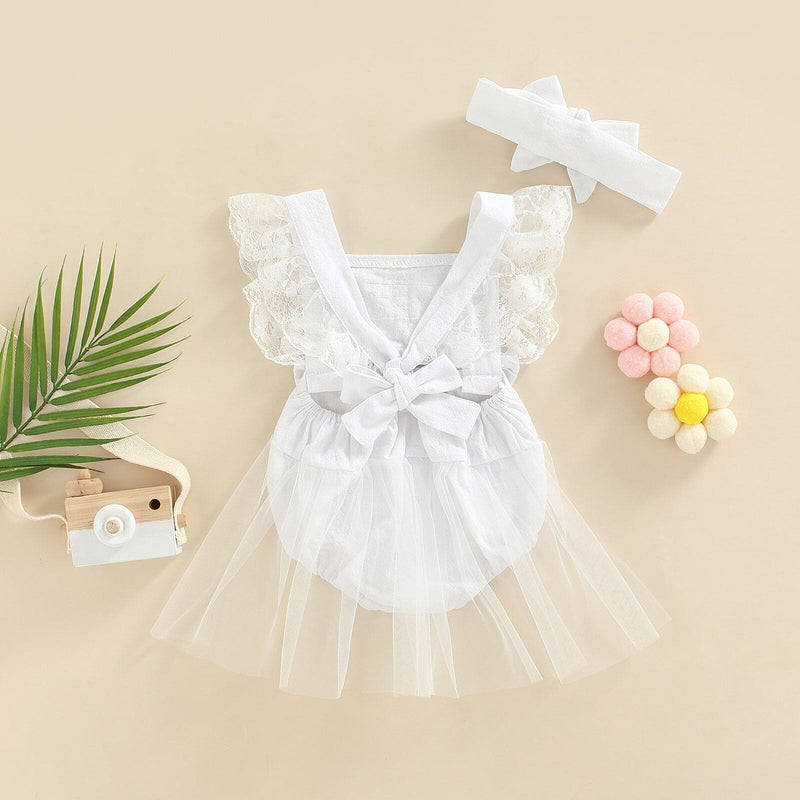 Body Infantil Feminino Branco Renda e Tule + Faixa