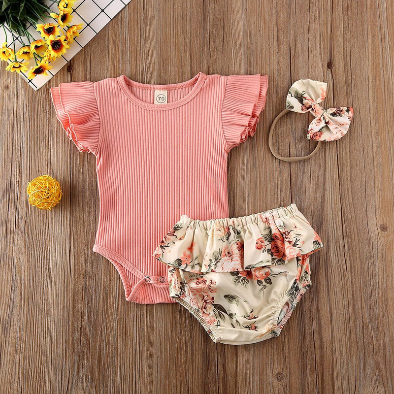 Conjunto Infantil Feminino Canelado Flores + Faixa