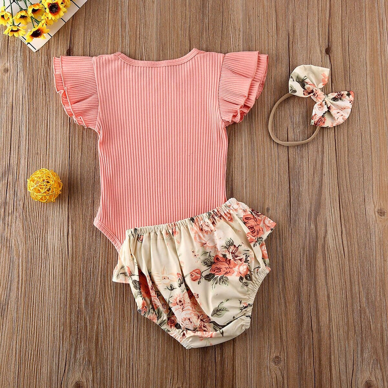 Conjunto Infantil Feminino Canelado Flores + Faixa