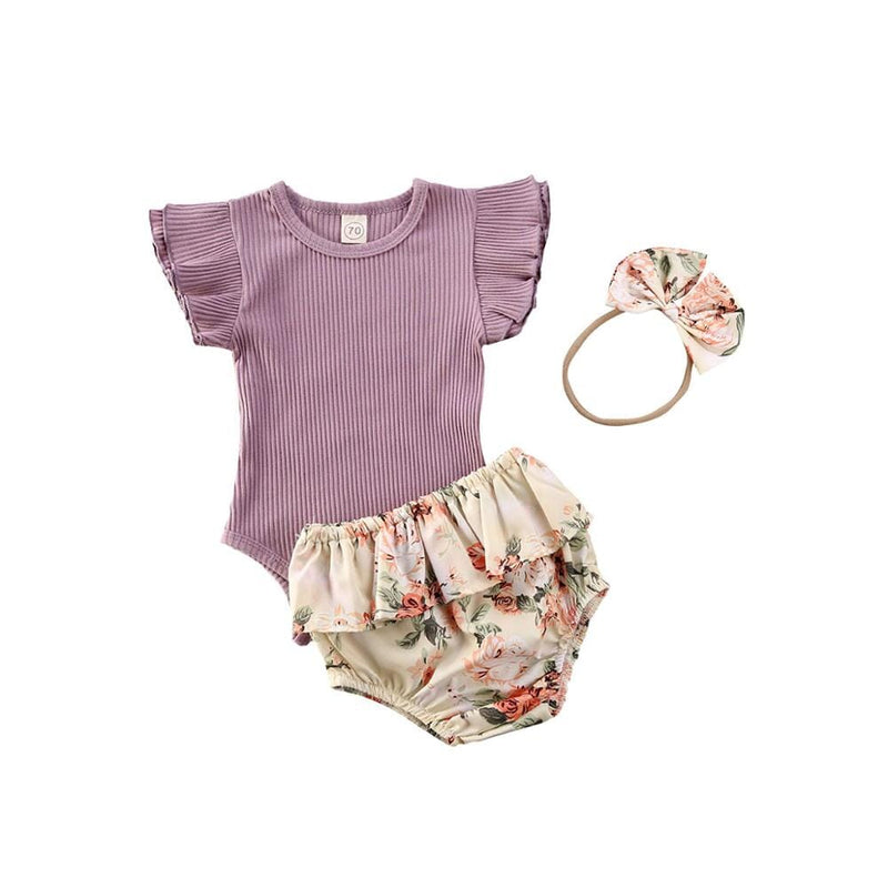 Conjunto Infantil Feminino Canelado Flores + Faixa