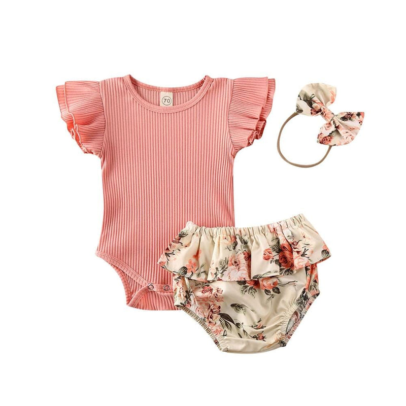 Conjunto Infantil Feminino Canelado Flores + Faixa