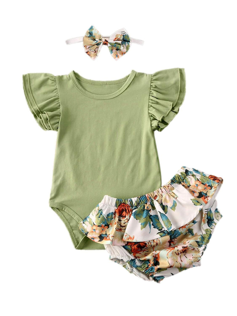 Conjunto Infantil Feminino Canelado Flores + Faixa