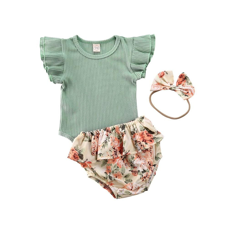 Conjunto Infantil Feminino Canelado Flores + Faixa