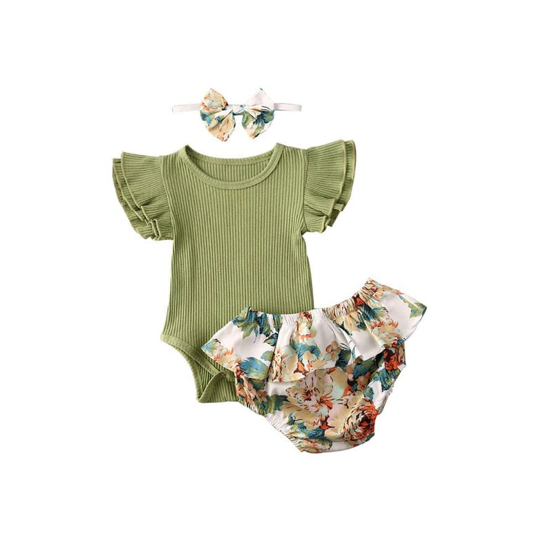 Conjunto Infantil Feminino Canelado Flores + Faixa