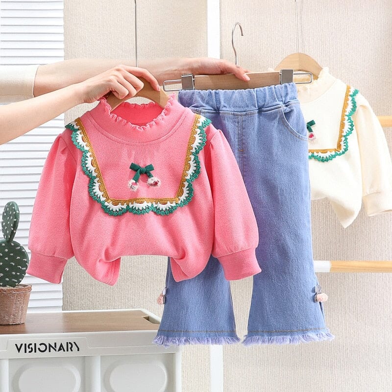 Conjunto Infantil Feminino Laçinho Bordado e Jeans