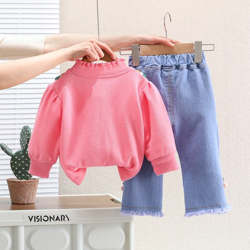 Conjunto Infantil Feminino Laçinho Bordado e Jeans