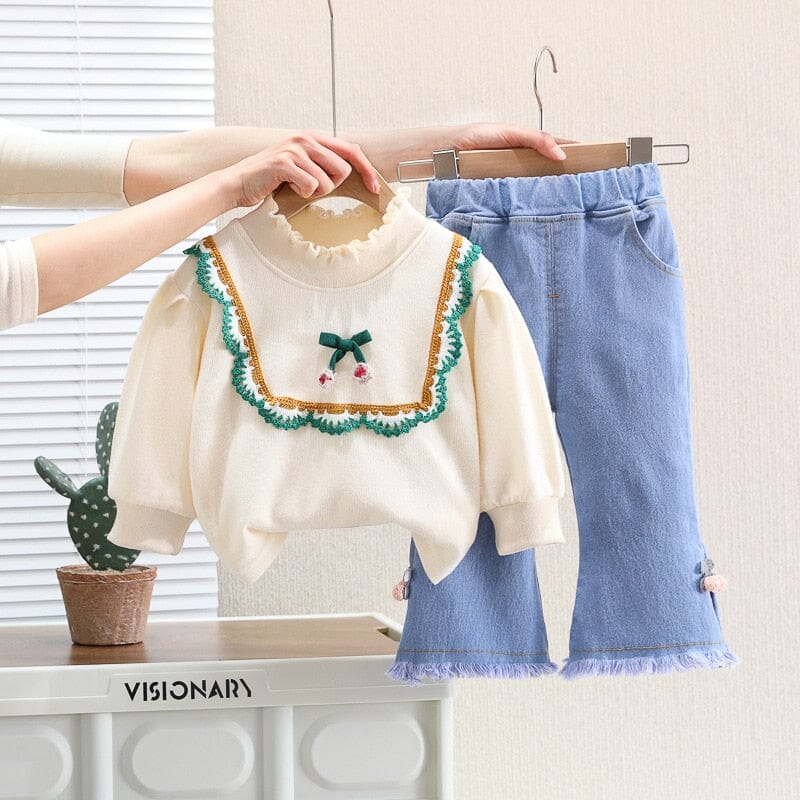 Conjunto Infantil Feminino Laçinho Bordado e Jeans