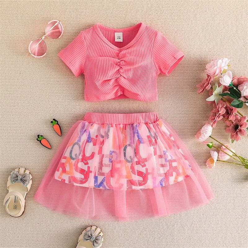 Conjunto Infantil Feminino Rosa Letras e Tule