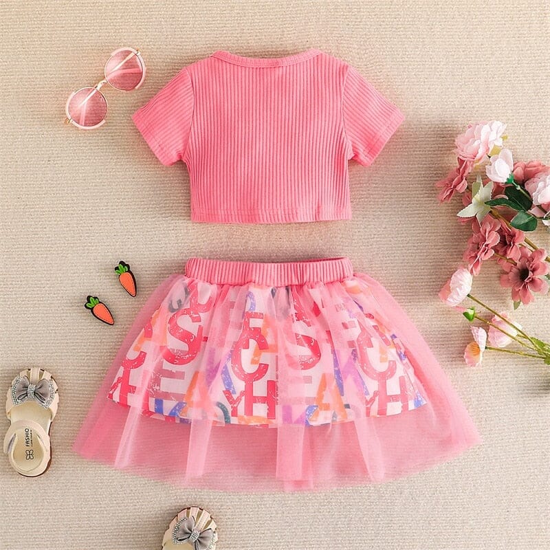 Conjunto Infantil Feminino Rosa Letras e Tule