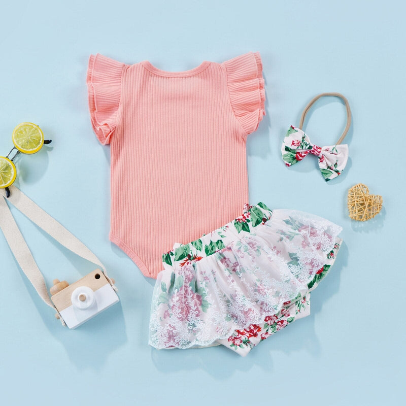 Conjunto Infantil Feminino Sainha Floral + Faixa