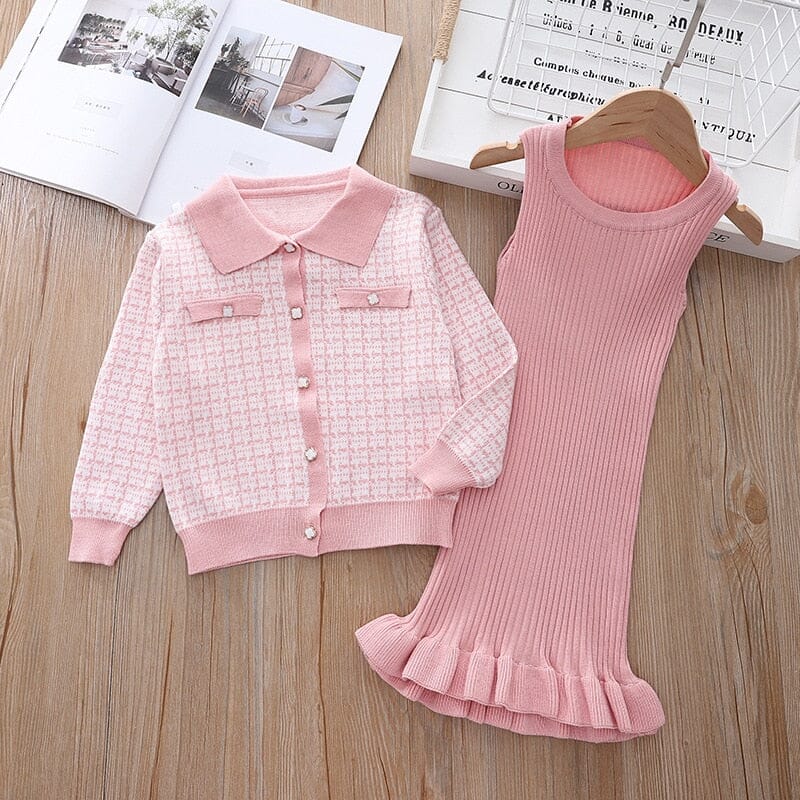 Conjunto Infantil Feminino Vestido e Cardigan Bolsinhos