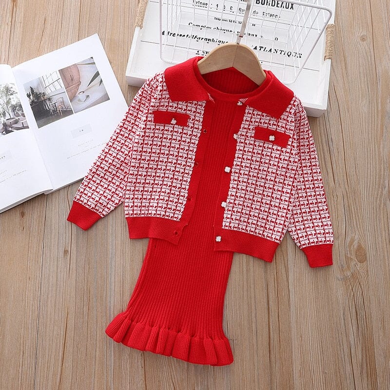 Conjunto Infantil Feminino Vestido e Cardigan Bolsinhos