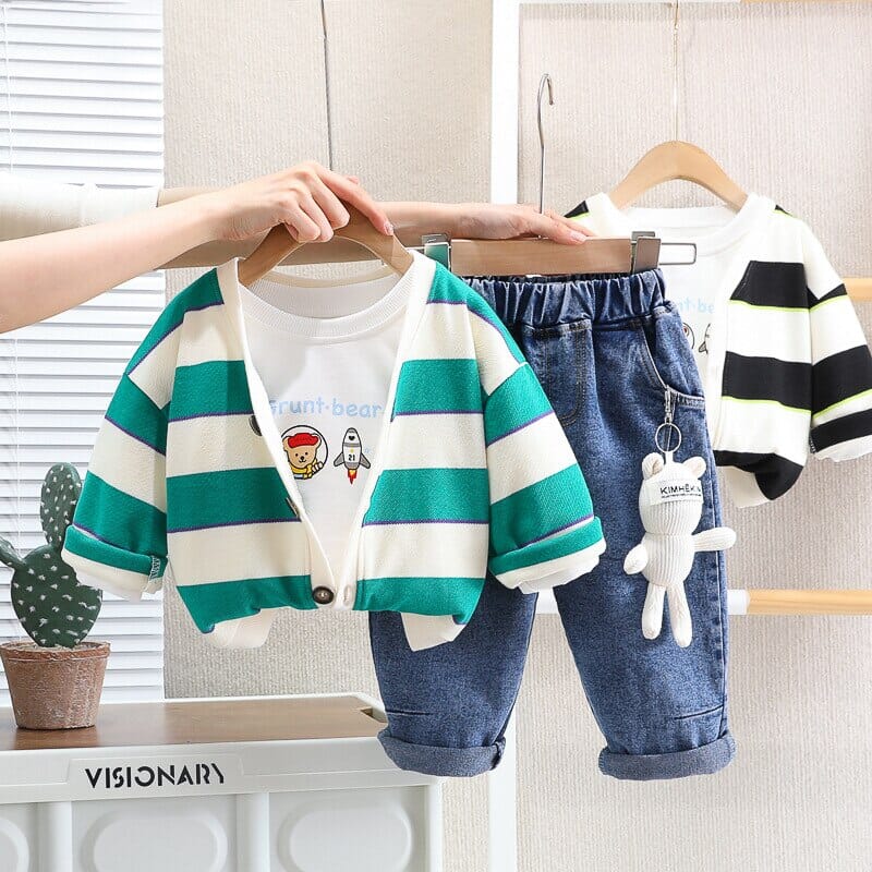 Conjunto Infantil Masculino Listras e Chaveirinho 3 Peças