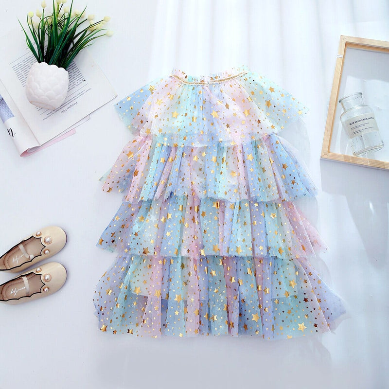 Vestido Infantil Babados Tule Estrelinhas