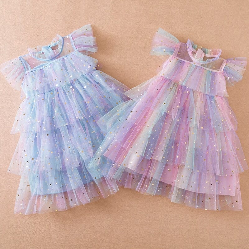 Vestido Infantil Babados Tule Estrelinhas