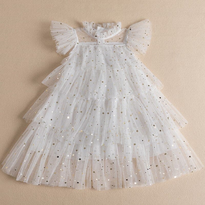 Vestido Infantil Babados Tule Estrelinhas