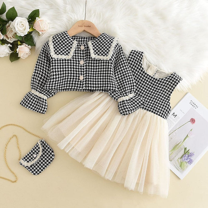 Vestido Infantil + Cardigan + Bolsa Golinha e Tule