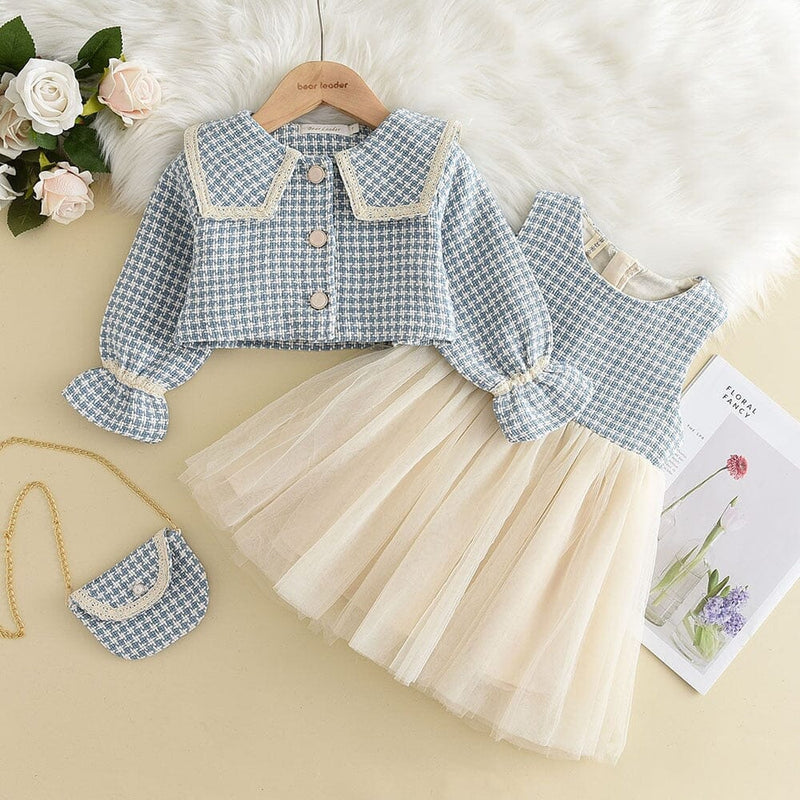 Vestido Infantil + Cardigan + Bolsa Golinha e Tule