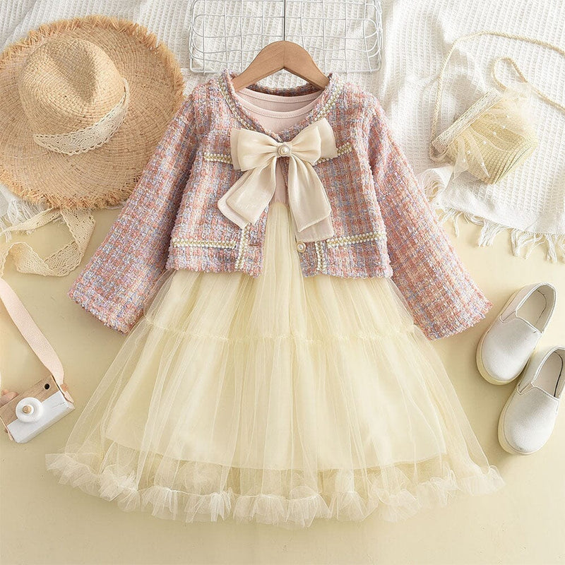 Vestido Infantil + Casaco Tweed Pérolas Lacinho