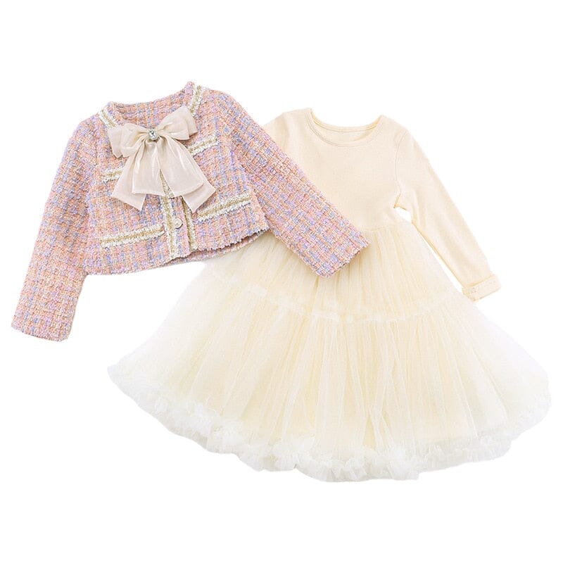 Vestido Infantil + Casaco Tweed Pérolas Lacinho