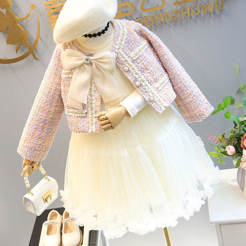 Vestido Infantil + Casaco Tweed Pérolas Lacinho