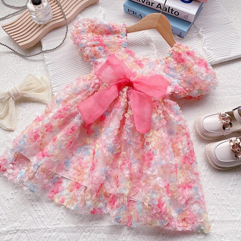 Vestido Infantil Detalhes Coloridos e Laço Rosa