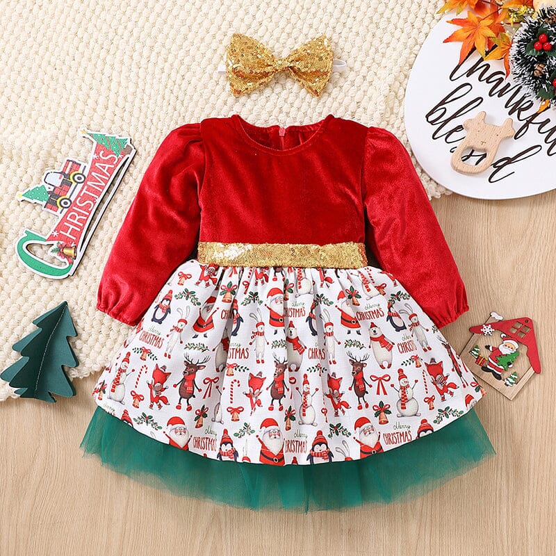 Vestido Infantil Natalino Laço Dourado + Faixa