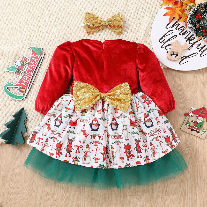 Vestido Infantil Natalino Laço Dourado + Faixa