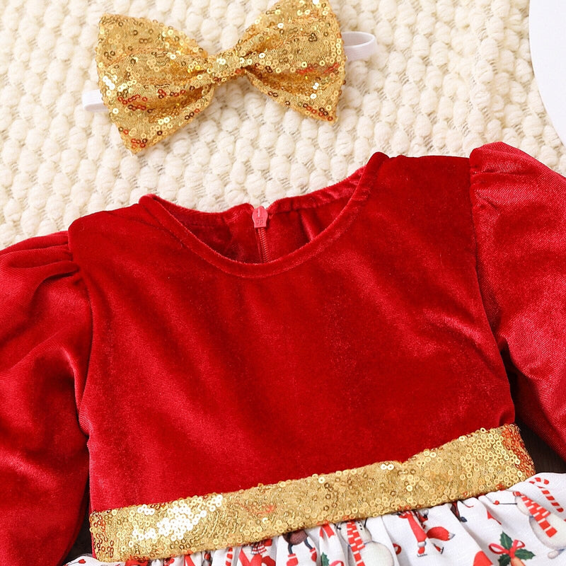 Vestido Infantil Natalino Laço Dourado + Faixa