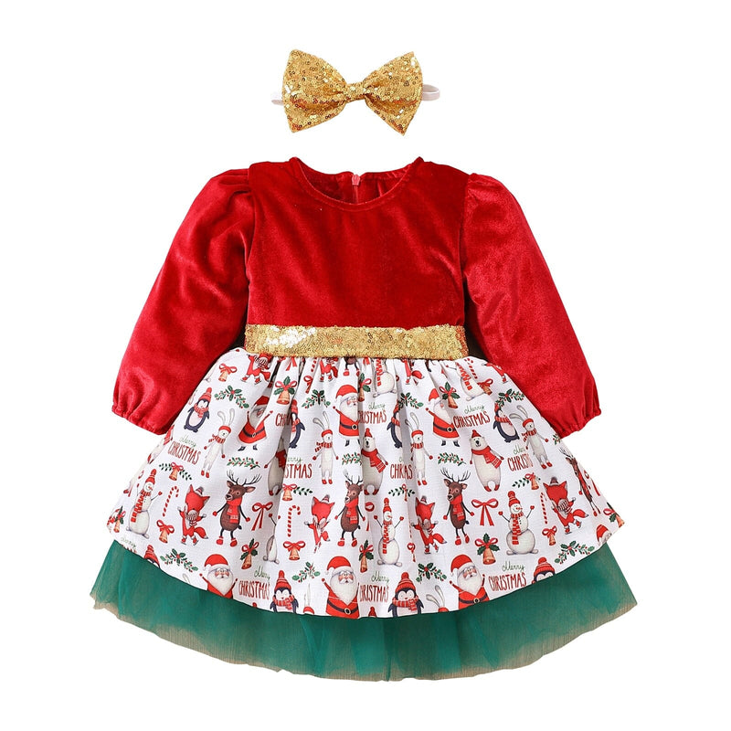 Vestido Infantil Natalino Laço Dourado + Faixa