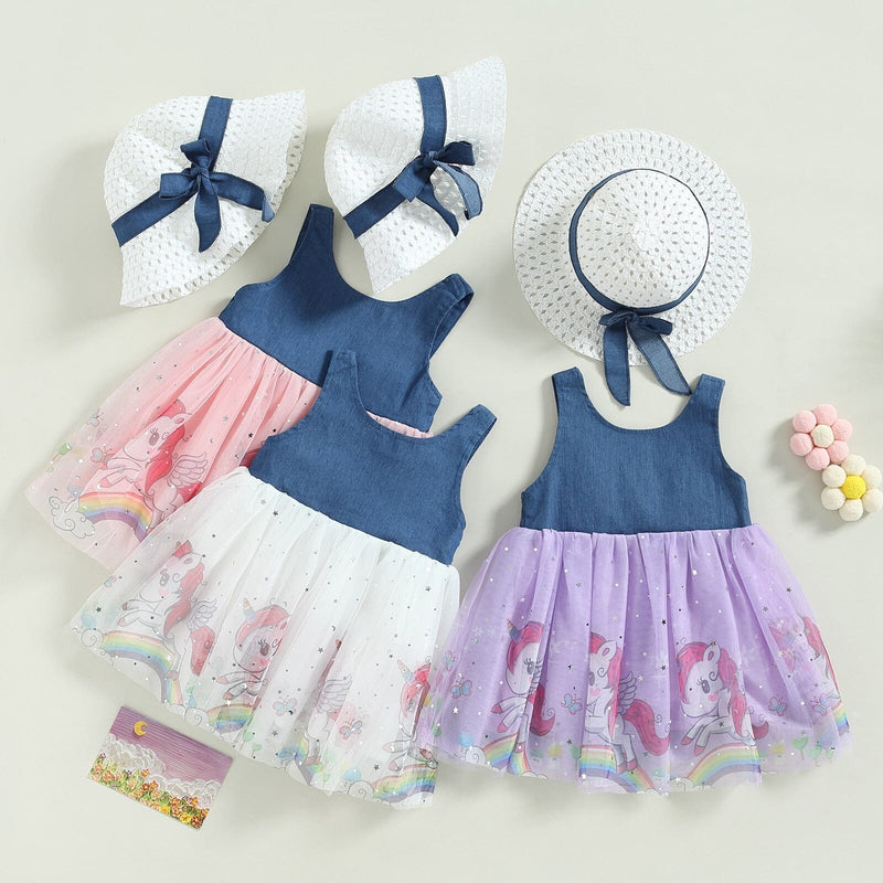 Vestido Infantil Tule e Unicórnio + Faixa