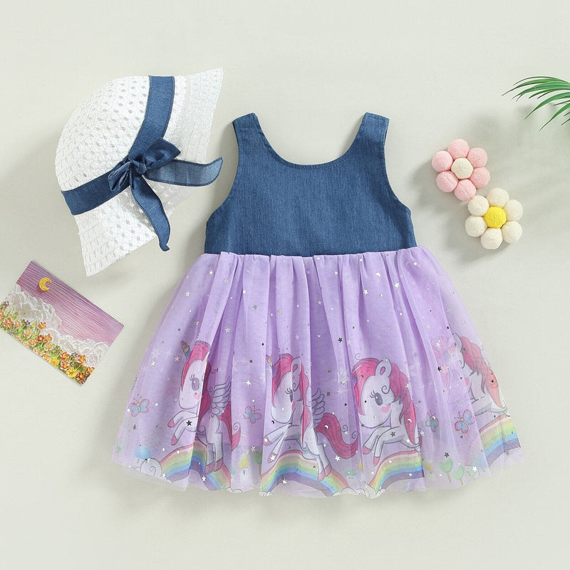 Vestido Infantil Tule e Unicórnio + Faixa