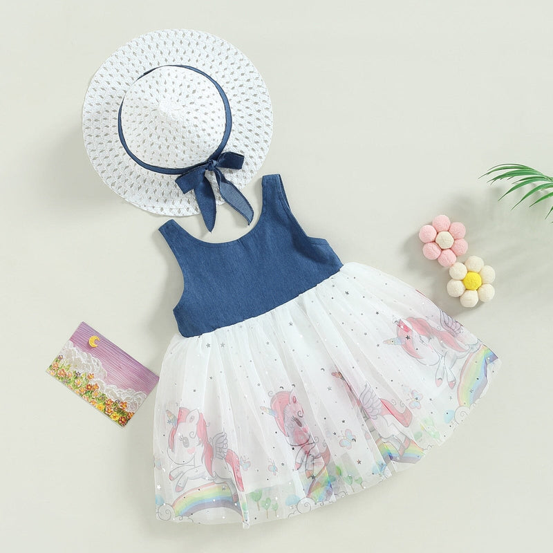 Vestido Infantil Tule e Unicórnio + Faixa