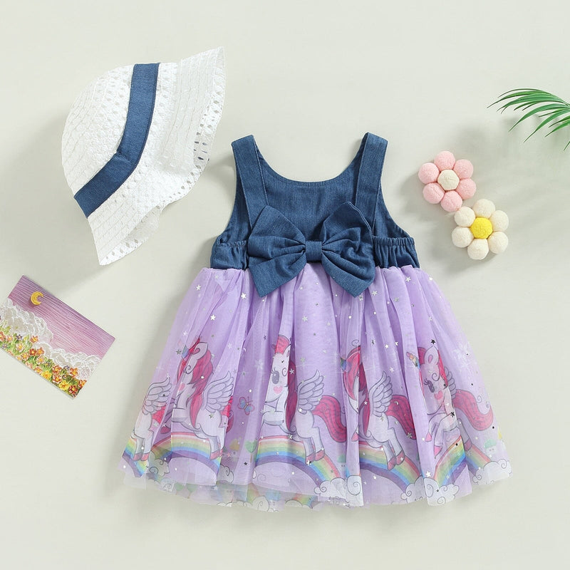 Vestido Infantil Tule e Unicórnio + Faixa