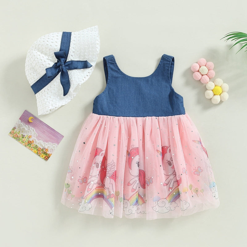 Vestido Infantil Tule e Unicórnio + Faixa