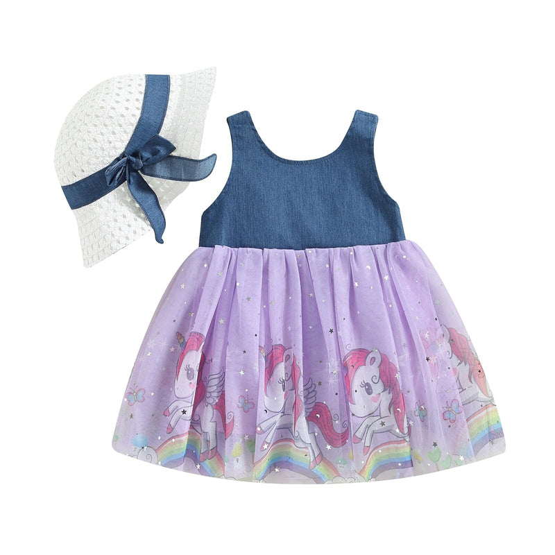 Vestido Infantil Tule e Unicórnio + Faixa