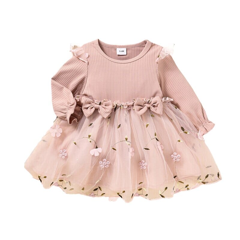 Vestido Infantil Tule Flores e Folhas