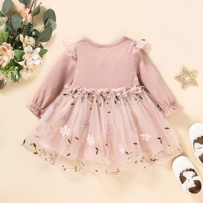 Vestido Infantil Tule Flores e Folhas