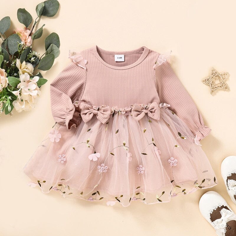 Vestido Infantil Tule Flores e Folhas