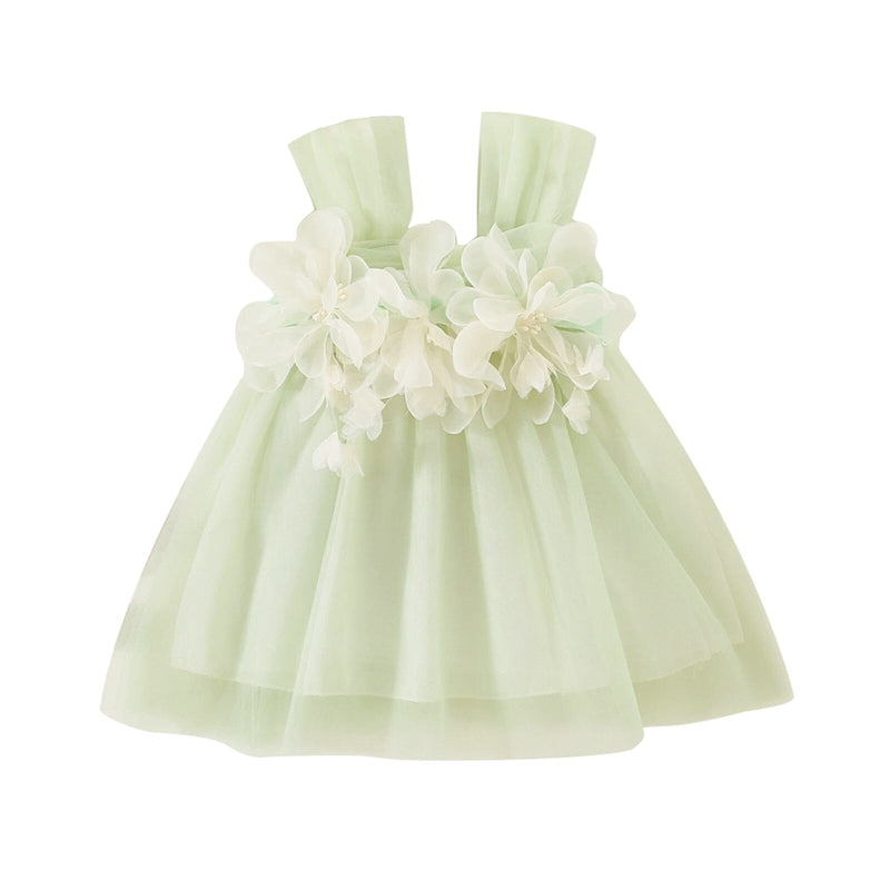 Vestido Infantil Verde Florzinhas e Tule