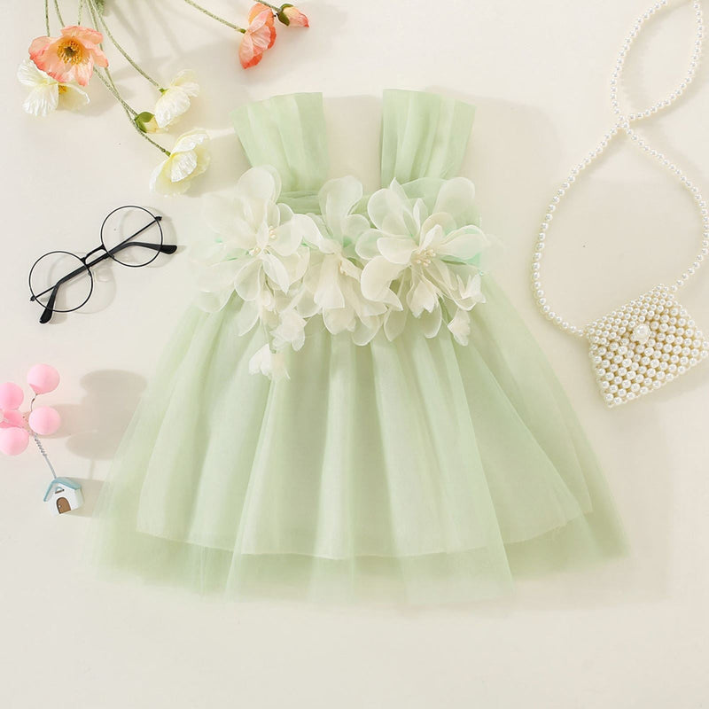 Vestido Infantil Verde Florzinhas e Tule